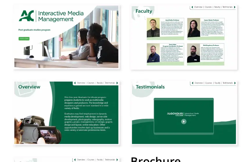 Selection of green and white interactive publication screens for Algonquin College