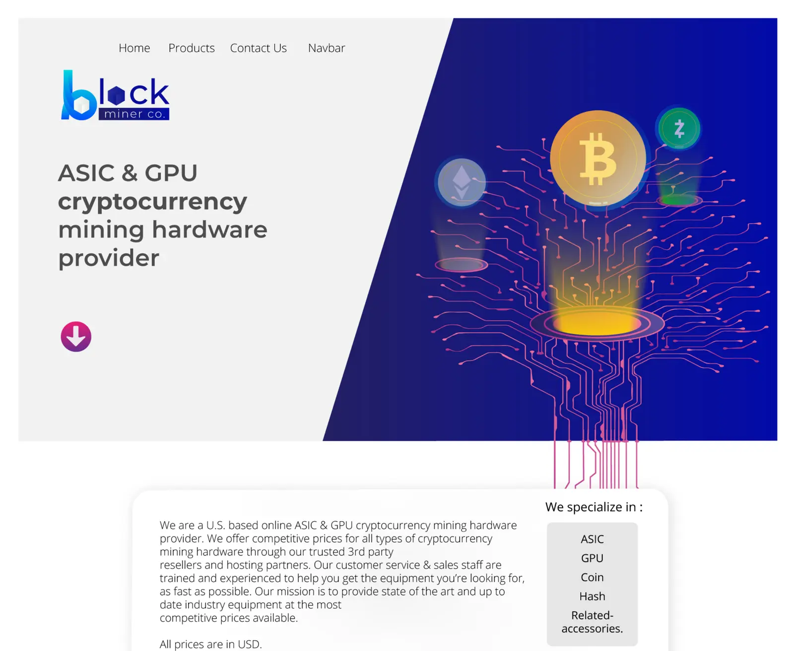 Block Miner desktop website concept with blue cryptocurrency circuit illustration