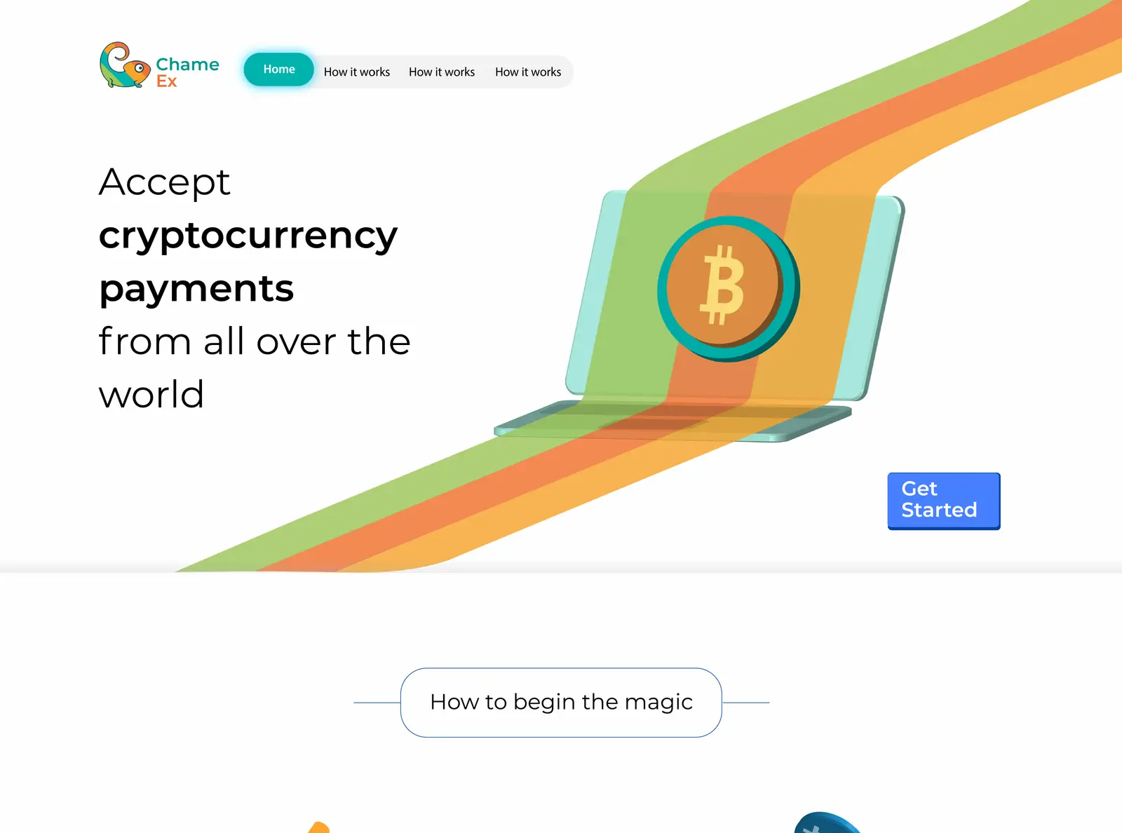 Chameex desktop landing page showing colourful illustrated payment concept